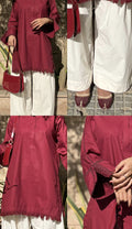 Collage of a woman modeling a long, deep crimson or maroon A-line kurta (tunic) with a V-neckline. The sleeves feature wide, highly detailed floral lace cuffs, and the woman is holding her phone while posing.